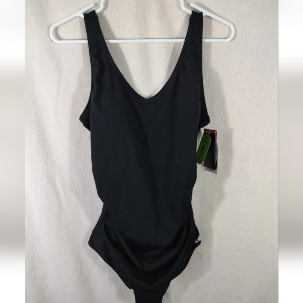 Speedo Endurance+ Shirred Contour Back One Piece Black Swimsuit NWT Sz 12